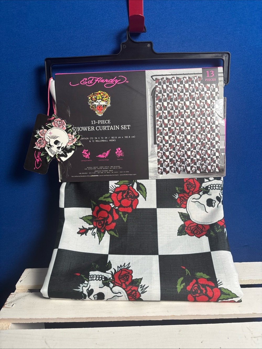 ED HARDY Shower Curtain with Hooks Black/White Checker & Roses & Skulls New